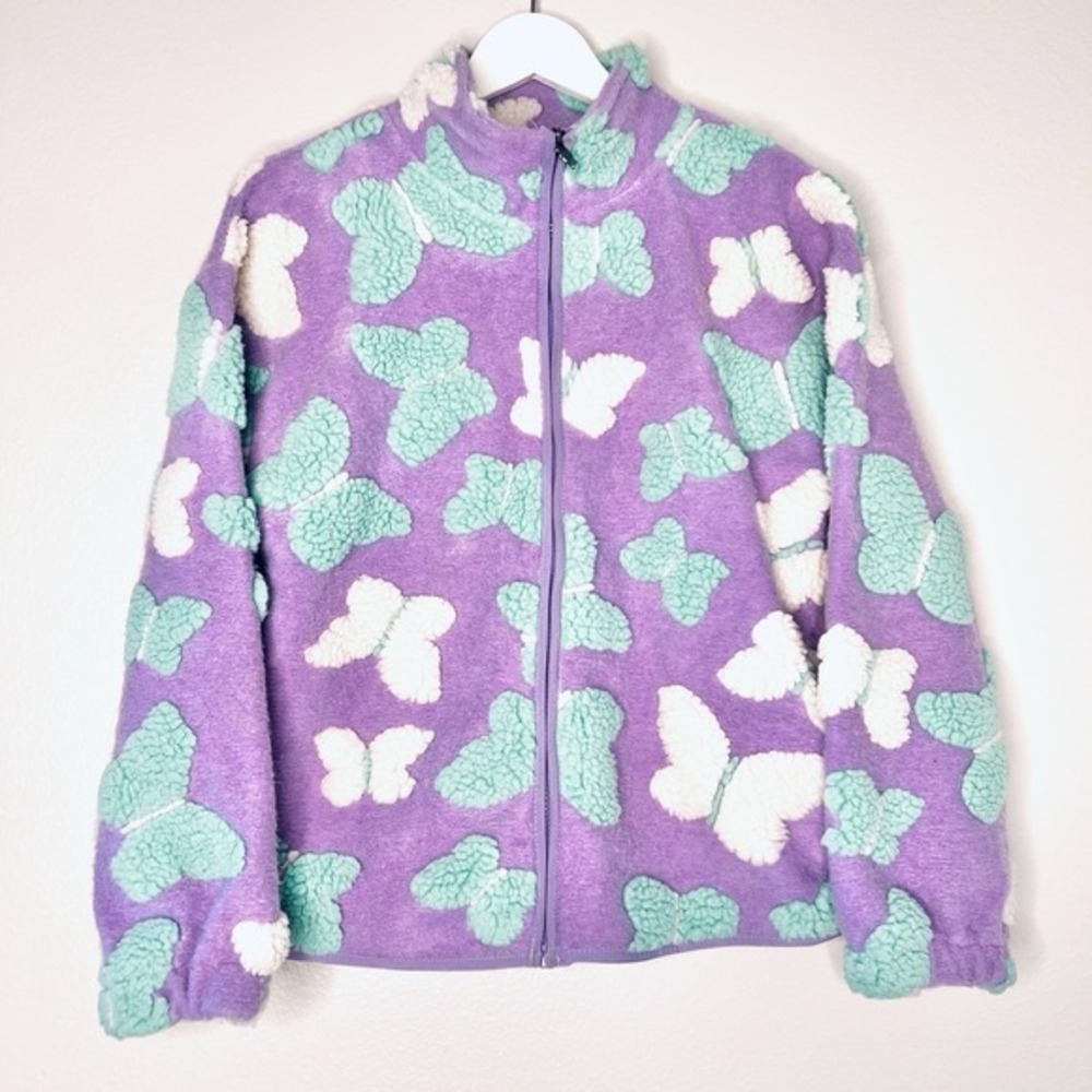 Lucky Brand Purple Butterfly Fleece Jacket Kids L 14‎ 16 Zip Up Cozy Outerwear